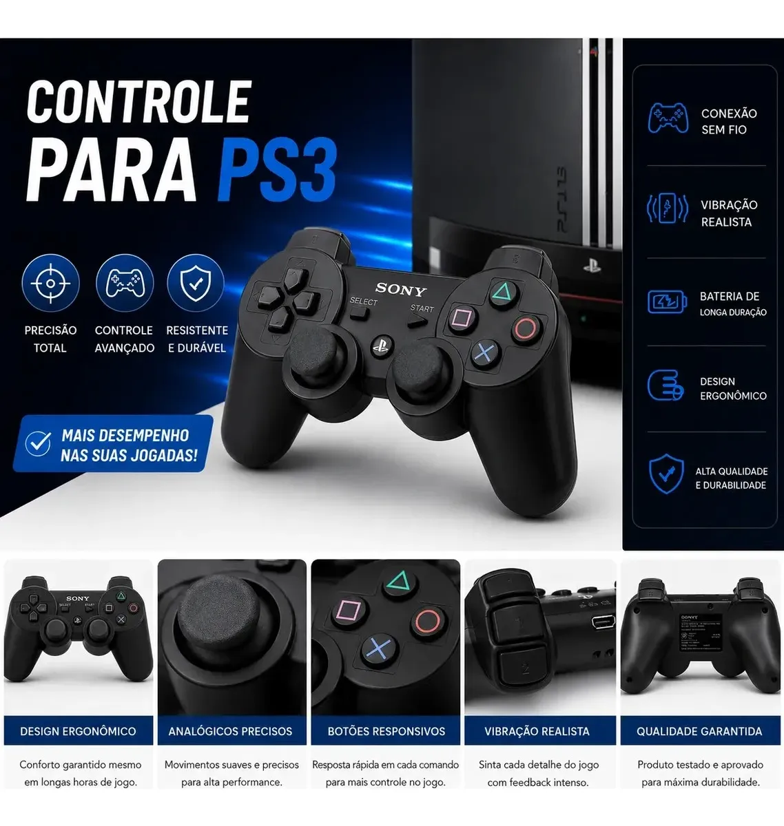Controle Compatível Ps3 Sem Fio Joystick Bluetooth Cabo Usb — miniatura 2